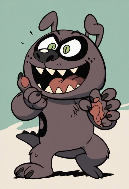 (score_9 | score_8_up | score_7_up) ((masterpiece:1))(best quality,very high quality,ultra detailed:1.2) (2D,cartoon style,anime style)(Smooth:2)(clean blurring) (four fingers on each hand,one thumb on each hand:1), solo, cartoon, score_7_up, charles, dog, black spot on left eye, white, happy, purple mask, mask of the beast, transformation, cross between a donkey a badger and a lizard, teeth, sharp teeth, green eyes, 50% transformation, nose with big holes, buck teeth, dark purple fur, lizardlike tail, paws with claws, green eyes, vertical slit pupil