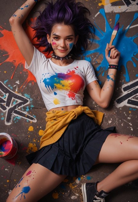 safe_pos, score_9_up, score_8_up, score_7_up, score_6_up, 1girl, 25 years old, perfect face, (adult), sexy, 
detailed face, portrait, face focus, depth of field, looking at viewer, blush, shy smile, 
dark purple hair, spiked hair, ear piercing, spiked collar, 
paint splatter on face, 
white t-shirt, wristband, 
yellow sweater around waist,
black skirt, pleated skirt, button badge, 
bodypaint, paint on body, 
paint splatter, brush stroke, inkblot, paint stains, graffiti, colorful, 
seductive smile, come hither, naughty face, 