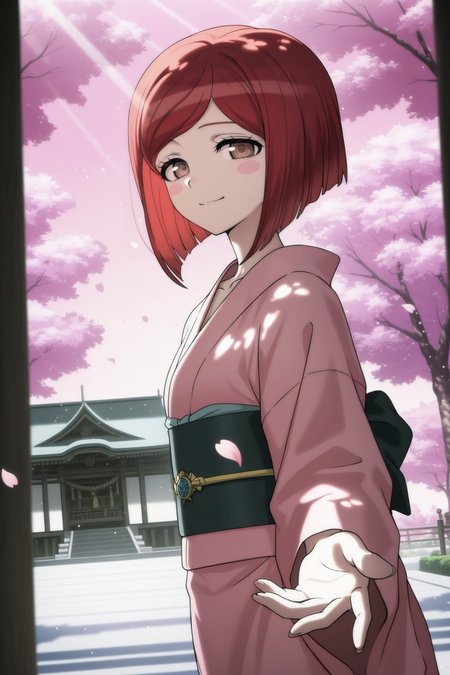 anime screencap, masterpiece, best quality, amazing quality, very aesthetic, absurdres,  newest, (scenery, volumetric lighting),
yumeno himiko, short hair, bangs, brown eyes, pale skin, red hair, blush stickers, bob cut,
pink kimono, obi, cowboy shot, dutch angle, outdoors, temple, day, pink sky, falling petals, cherry blossoms, dappled sunlight, light rays, light particles, collarbone, smile, looking at viewer, from side, outstretched hand, 
 <lora:HimikoYumeno_IL:0.8>