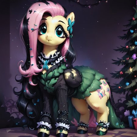 score_9, score_8_up, score_7_up, score_6_up, high resolution, hight detailed, intricate detail, detailed, (((feral pony))), solo, fluffy, fur, cute face, cute, wide hips, wide thighs, dark theme, full body, female pony, mare, ((fluttershy)), gothic, ((black streak)), hair over one eye, looking to the viewer, standing, The green dress, blue butterfly solo ((garden)) Christmas tree and lights