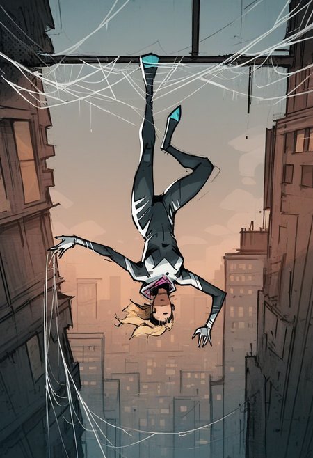 a13xstyle, sketch, graphic novel, masterpiece, best quality, solo,                                                                                           gwen stacy, spidersuit, blonde half buzzcut, hanging upside down from a building from spiderweb strand coming out her hand,  toned, city, 