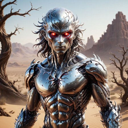 humanoid being, male character, male body, robotic appearance, robotic face and head, dauntingly imposing appearance,  bad print, highly detailed -, cursed images, ,visionary art, oil painting, trending on artstation, artgerm, gorgeous lighting, intricate oil details, baroque, shrike from Hyperion, SILVER LIQUID METAL, four arms,  shiny chrome full armor, full helmet,  big blades and thorns all over body, red glowing eyes, faceless,  standing, wast  dead desert background, giant thorny tree in the distance reaching the sky, scenery focus, 
,
Midjourney's Consistency, Dynamic Action Pose, Fibonacci Watermark Invisibly Displayed, High-res, Impeccable Composition, Lifelike Details, Perfect Proportions, Stunning Colors, Captivating Lighting, Interesting Subjects, Creative Angle, Attractive Background, Well-timed Moment, Intentional Focus, Balanced Editing, Harmonious Colors, Contemporary Aesthetics, Handcrafted with Precision, Vivid Emotions, Joyful Impact, Exceptional Quality, Powerful Message, Raphael Style, Unreal Engine 5, Octane Render, Isometric, Beautiful Detailed Eyes, Super Detailed Face and Eyes and Clothes, More Detail, Multi Colored, Splash Ink Illustration, Grammer Effect Style, Houdini Style, Sharp Lines and Brush Strokes, High Quality, Beautiful Matte Painting, 4K, CGSociety, Artstation Trending on ArtstationHQ