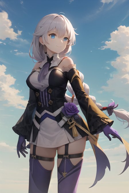 masterpiece, best quality,  absurdres, looking at viewer, solo,kallen kaslana (sixth serenade), kallen kaslana, white hair, 1girl, solo, blue eyes, braid, looking at viewer, gloves, smile, long hair, braided ponytail, bangs, bare shoulders, (purple thighhighs:1.1), (purple gloves:1.1), one eye closed, purple pants, long sleeves, hair between eyes, (large breasts:0.8), hair ornament, single braid, pants, flower , outdoor, cloudy sky, cloud
