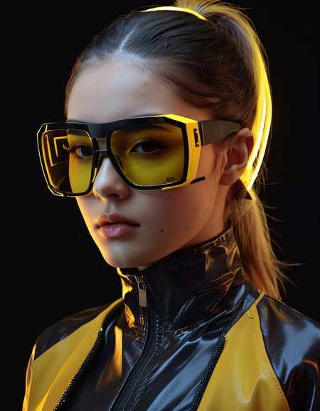 1girl, black background, parted lips, long hair, realistic, ponytail, upper body, black hair, digital media \(artwork\), portrait, nose, simple background, yellow jacket, futuristic glasses, brown eyes, focus, highly detailed, cinematic, dramatic ambient light, sharp, detail, fine, advanced, color, expansive, complex, rich, artistic
 <lora:FuturisticGlassesXL:.6>, , <lora:FILM_PHOTOGRAPHY_STYLE:0.25>