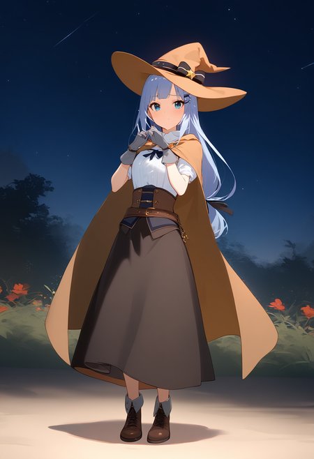 1girl,
shiraishi tsumugi,


grey hair, black pants, cape, star \(sky\), dress, starry sky, blue eyes, grey gloves, full body, blush, shoes, hair ornament, gloves, hat, shirt, hairclip, brown footwear, closed mouth, pants, standing, brown cape, brown dress, solo, witch hat, white shirt, sleeveless dress, sky, sleeveless, night sky, outdoors, night, hands up,

sfw
<lora:a31_char_new_shiraishi_tsumugi-000020:1> <lora:a31_style_koni-000010:0.8>