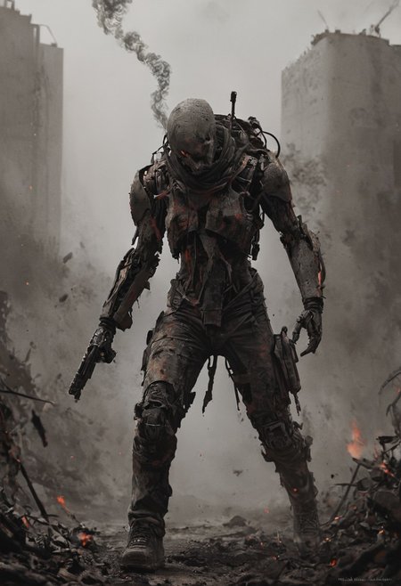 a combat cyborg, battle damaged, looking at the sunset over a faraway distopian city, smoke rising high on the horizon, colorful, muted rusted eroded paint,