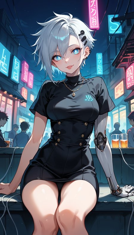 score_9, score_8_up, score_7_up, Anime Style, Cowboy Shot, mechanical android, girl, cute, seductive, innocent, light smile:0.3, plump lips, slender body, short punk hair, (mechanical arms), wires and cables, silver body, glowing led parts, ornaments detailed, sitting outside a pub, neon lights, bright colors, street night background, depth of field, dynamic angle, fashion photography, sharp, hyperdetailed:1.15