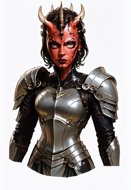 (score_9, score_8_up), score_7_up, source_anime, novuschroma43 style,  female Dathomirian Zabrak alien wearing jedi robes over heavy armor, many small white horns, t4s14, conceptart,multiple views,white background,simple background