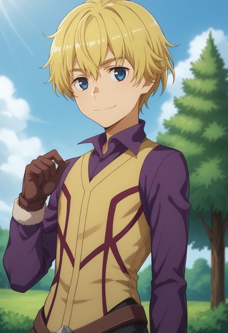 score_9, score_8_up, score_7_up, source_anime, highly detailed, 
deimne, solo, 1boy, male focus, blonde hair, blue eyes, gloves, smile, looking at viewer, brown gloves, pantyhose, purple panthyhose, shirt, purple shirt, tunic, upper body, hand up,
outdoor, sky, tree, clouds