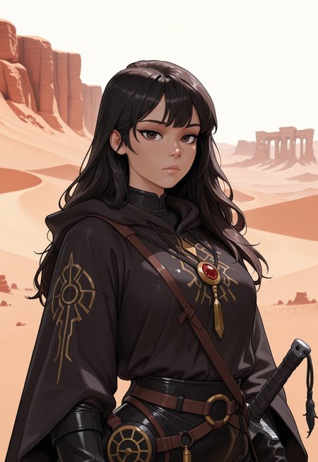 score_9, score_8_up, score_7_up, 1girl, solo, desert nomad, flowing robes with intricate embroidery and desert-inspired patterns, ancient curved scimitar with a polished bronze blade and a wrapped leather handle, long wavy black hair adorned with desert flowers, realistic, cinematic angle, cinematic lighting, slender body, mysterious face, deep brown eyes, vigilant pose
BREAK
standing guard at an oasis in the heart of the desert
BREAK
source_fantasy_art, rating_explicit, expressive, full body, dynamic pose
BREAK
detailed beautiful background, vast desert landscape with rolling sand dunes and distant mirages, lush oasis with palm trees and a sparkling pool of water, ancient ruins and desert creatures, distant mountains with rugged cliffs, mystical atmosphere with a sense of adventure and mystery
<lora:Expressive_H:0.6>Expressiveh, (SimplepositiveXLv1:1.3), (upper body, full clothed:1.85) ((masterpiece)) (ultra realistic, 32k, masterpiece:1.2), (high detailed skin:1.1), (high quality:1.1) (((full clothed))) <lora:DandonFuga_Style_v.2_-_Pony:0.8> 
<lora:add-detail-xl:1> 
<lora:Dynamic Poses:1>