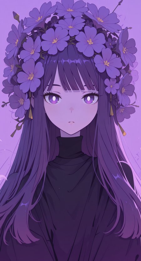 masterpiece, best quality, good quality, newest, highres, absurdres, 1girl, solo, long hair, looking at viewer, shirt, hair ornament, purple eyes, upper body, purple hair, flower, parted lips, blunt bangs, hair flower, black shirt, bright pupils, white pupils, purple flower, purple theme, Flatline, Flat vector illustration,
klaus_style <lora:illustriousXL_stabilizer_v1.23:0.3> <lora:NOOB_vp1_detailer_by_volnovik_v1:0.3> <lora:ponyv6_noobE11_2_adamW-000017:0.3> <lora:checkpoint-e18_s306:1.3> <lora:klaus:0.8>