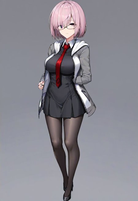 Mash_Def, glasses, short dress, black dress, black skirt, necktie, red necktie, wing collar, jacket, open jacket, hooded jacket, grey jacket, hood down, black pantyhose, 
masterpiece, best quality, very aesthetic, absurdres, 1milf, 1adult, solo, full_body, tachi-e,