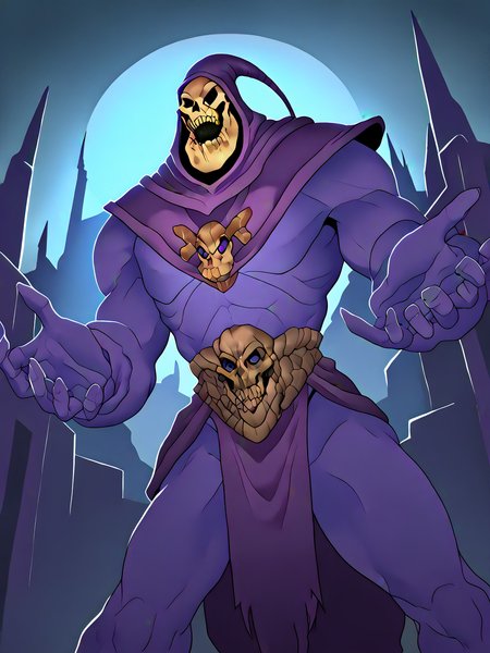 3tn3ss, very awa, absurd res, wide angle view, dramatic lighting, dark gothic scenery, nighttime, outside of a castle, castle towers above in background, 1male, solo, barazoku.

skeletor, skull head, no eyes, blue body, hood, hands and arms lifted, arms stretched out above him, laughing maniacally.