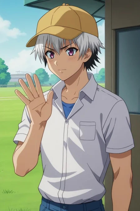 score_9, score_8_up, score_7_up, source_anime, rating_safe, intricate details, anime screencap, , , , , 1boy, solo, male focus, <lora:ren_elsie_jewelria_pony:0.84>, ren_elsie_jewelria, white hair, purple eyes, short hair, two-tone hair, multicolored hair, black hair, straight-on, grass, indoors, waving, nervous, , trucker hat, <lora:sdxl_lightning_8step_lora:1>