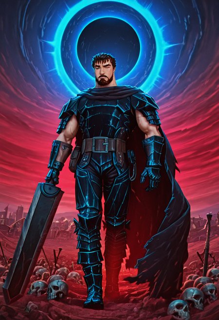 neonpunk style concept art (masterpiece,best quality,amazing quality,absurdres),
<lora:iluha:0.8> iluha, 1boy, male focus, beard, brown hair, solo, facial hair, blue eyes, mustache, short hair, thick eyebrows,  
 <lora:NOOB_vp1_detailer_by_volnovik_v1:1> <lora:illustrious_quality_modifiers_masterpieces_v1:1> masterpiece, very aesthetic, absurdres, male Guts_Armor, brown eyes, short hair, spiked hair, black armor, full armor, torn cape, one eye closed, muscular male, eclipse background, red landscape, skulls, city, belt, (cyberpunk:1.2) <lora:BerserkILLUSTRIOUS:0.6> berserk <lora:DragonSlayerSword-Il.V1.0:1> DragonSlayerSword-Il.V1.0, wielding-dragonslayer, , huge weapon, sword, holding sword, holding weapon <lora:illustrious_h_v2:0.5> . digital artwork, illustrative, painterly, matte painting, highly detailed . cyberpunk, vaporwave, neon, vibes, vibrant, stunningly beautiful, crisp, detailed, sleek, ultramodern, magenta highlights, dark purple shadows, high contrast, cinematic, ultra detailed, intricate, professional
