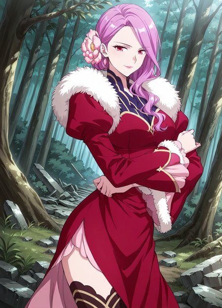 <lora:Hua_Jin__Battle_Through_the_Heavens__Illustrious:1>
1 girl, solo, red eyes, purple hair, pink hair, long hair, red dress, hair ornament,
fur trim, lipstick, hair flower, thigh boots,
score_9, score_8_up, score_7_up, very aesthetic, source_anime, detailed, high quality, beautiful, masterpiece, detailed eyes, forest, tree, ruins, cowboy shot, dynamic angle, upper body, light smile, dynamic pose