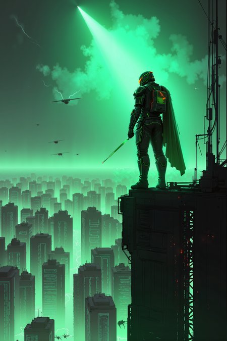 Perched atop a skyscraper that has begun to crack and crumble, a lone figure in emerald green armor stares out over the dystopian ruins of a once-thriving megacity. His armor, sleek and angular, is dotted with glowing circuits that flicker and sputter, reflecting the instability of the collapsing world around him. Below, massive buildings lie in ruin, some slowly sinking into the ground, others exploding in clouds of dust as they give way to the relentless decay. The sky above is an oppressive shade of greenish-gray, filled with swirling storm clouds and flashes of lightning, casting the landscape in an eerie, apocalyptic light. His helmetâs visor gleams with a sharp, viridescent glow as he surveys the devastation, the HUD displaying red warnings of structural collapse. Hovering drones, their once sleek designs now rusted and malfunctioning, zip through the air, scanning the broken streets for signs of life. His hand rests on the hilt of a glowing, plasma-edged sword, its emerald blade humming softly, while his cape flutters in the toxic wind. The cityâs distant screams and crashes echo around him, as the world teeters on the edge of complete destruction, and he stands as a lone sentinel against the inevitable end.,ck-nw, in the style of ck-nw<lora:ck-Neon-Retrowave>