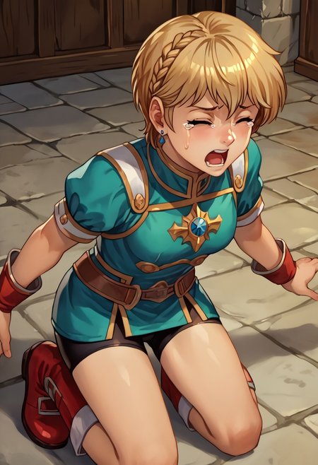 score_9, score_8_up, score_7_up, source_anime,
, (best quality) , (highly detailed) ,masterpiece ,absurdres ,detailed face ,beautiful face ,
<lora:pony_xl_Hildegard:0.8>,Hildegard,score_9,score_8_up,1girl,female,kawaii,solo,short hair,earrings blond hair
 armor, o-ring, short sleeves, gauntlet, skirt, bike shorts, asymmetrical legwear, greaves, red footwear, single braid, indoors, dungeon, kneeling, scared, closed eyes, tears,  open mouth, from above, indoors, dungeon, hand in head 
best quality, masterpiece, very aesthetic, 
OverallDetail