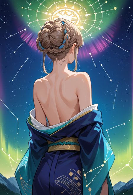 score_9, score_8_up, source_anime, 1girl, solo, PopeJoan, long hair, braided hair rings, aurora, back, bare back, bare shoulders, constellation, from behind, kimono, light particles, long sleeves, off shoulder, <lora:ChamPopeJoanPonyXL:1>