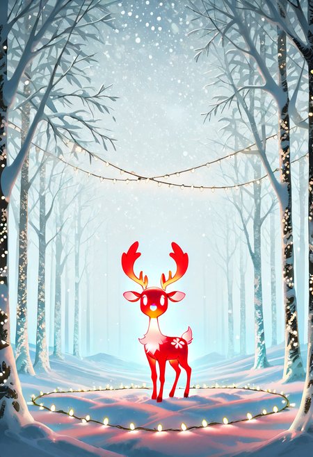 Animal Christmas, masterpiece, best quality,  A baby deer with a glowing red nose standing in a magical, snow-covered clearing surrounded by twinkling fairy lights strung between trees. In the background, an ethereal Northern Lights display paints the sky.