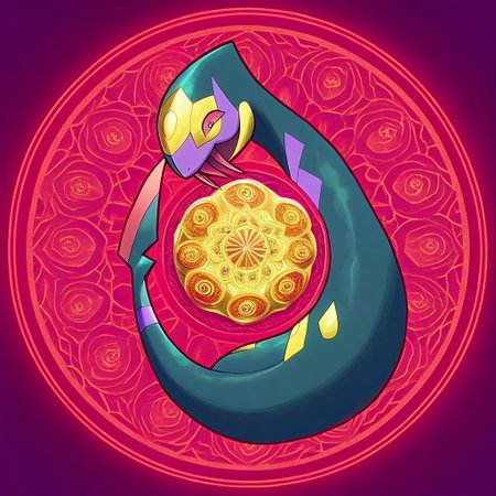 colored Mandala style, medium stylized pattern, (deep_purple, black, red, gold),Seviper, serpentine, vertical_figure_eight_pattern, intricate_design, symmetrical, traditional_mandala,  ()glowing_golden_elements), luminous, mystical, highly_detailed, intricate_scales, geometric_patterns, harmonious_composition, masterpiece, balanced, precise, artistic, reverence, Pokémon