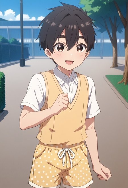 score_9, score_8up, 1boy, solo, smiling, outside, park, clapping, rentarou_aijou, black hair, brown eyes, short hair, hair between eyes, bangs, string vest, yellow shorts, polka dot shorts, dic style, vintage, cartoon
