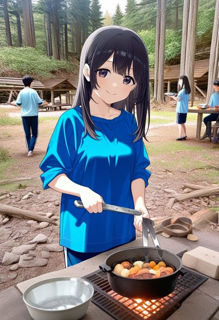 great quality,1girl,solo focus,scenery,(almic,akakura,ogipote,:0.9),2024 style, (sincos:0.9),outdoors,smile,black eyes,looking at viewer,,black hair,long hair,blue shorts,blue jym shirt,white trimed,white vertical trim,holding tongs, silver tongs,photo Background,ensoku,hangousuisan, food, cooking, camp, nature, forest, outdoors, grill,  bowl, tray, cup,