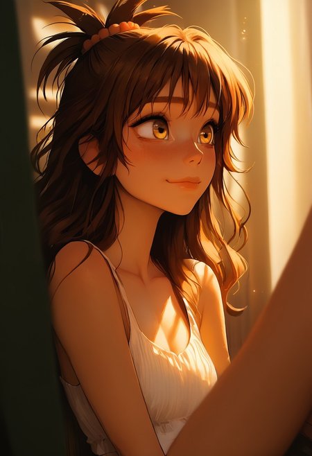 Source_anime, a woman, cute perfect face, (score_9, score_8_up, score_7_up), 1girl, 21 years old, y_mikan,brown hair,long hair,yellow eyes,hair ornament,hair bobbles, small face, cute face, adorable, femine, close up, long slender legs, perfect round butt, narrow waist, gorgeous girl, kawai girl, blush, blush nose, blushing, glitter makeup,  athletic body, long body, collarbone, blush nose, red scrunchie, cute blush, teardrop breasts, blushing, medium breasts, perky breasts, shy, smiling, detailed background, perfect hips, hipbone, cute face, cute girl, (slim fit), candid,  blurry background, light particles, ethereal, rating_explicit, dynamic angle, ncpy13