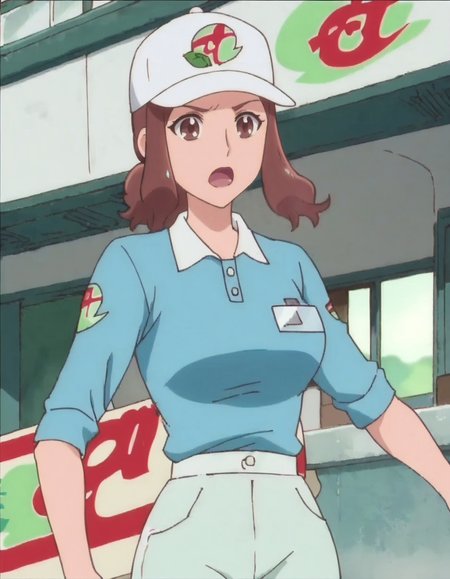 score_9, score_8_up, score_7_up, anime screencap, solo,1girl,  hat, brown eyes, brown hair, open mouth, baseball cap, name tag, shirt, white headwear, :d, blue shirt,green pants,large breasts,wide hip <lora:hanaderayasuko:0.8>