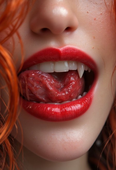 Midjourney_Whisper,A close-up of a woman's lips. She has detailed skin and a very long demonic tongue. orange hair. Her tongue is long and forked like a snake. Her tongue is curly and are touching her plump lips, lip filler, vibrant red blood flowers  symbolizing beauty and growth. big lips, bimbo lips, The flowers are red like blood blending harmoniously with the natural lip color. Vampire teeth, vampire fangs, long fangs. The scene is highly detailed, with a focus on the soft texture of the lips and the rich. The background is softly blurred, drawing attention to the blooming effect around the lips.