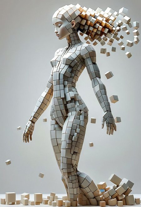 artcbd, Create an image of female figure composed entirely of cubes in various sizes. The figure should appear as if constructed from these geometric shapes, with distinct cubes forming the head, torso, arms, and legs. The cubes vary in size to represent different body parts proportionately, creating a visually interesting and abstract representation of a human body. The composition should be clear, with a focus on how the blocks assemble to mimic human anatomy. The background should be neutral to emphasize the figure