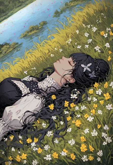 score_9, score_8_up, score_7_up,source_anime,1girl,mature,solo,black hair,long hair,updo hair,bangs,hair ornament,flowers hair ornament,flowers on hair,blue eyes, perfecteyes, earrings, eyebrows, hair behind ear, victorian dress, a noble lady sleeping on a meadow full of flowers, closed eyes ,sinozick, bright flat colors, lake,grass, flowers, butterflies, lying in tall grass, view from the side