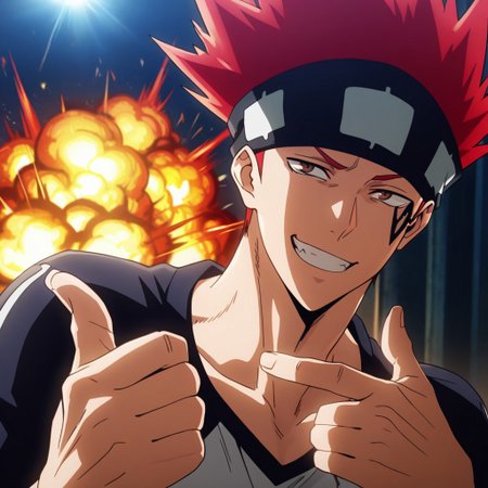 masterpiece, best quality, amazing quality, absurdres, newest, detailed background, definition so sharp, Ultra-HD, 8K cinematic, very awa, impressionate, amazing quality, highres, 
solo, male focus, manly, 
1boy, d0tb_red hair, d0tb_brown eyes, d0tb, spiked hair, facial tattoo, headband, explosion,
pointing, taunting gesture, playful grin, athletic wear, track, bright lighting, energetic, competitive, hot-blooded, cheeky, cool,