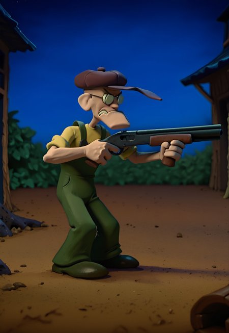 neverhoodstyle, clay, masterpiece, best quality, absurdres, anime screenshot, 1boy, male focus, solo, outdoors, night, Eustace, Bagge, Green overalls, yellow shirt, hat, glasses, grumpy expression, holding shotgun, aiming, double barrel shotgun,