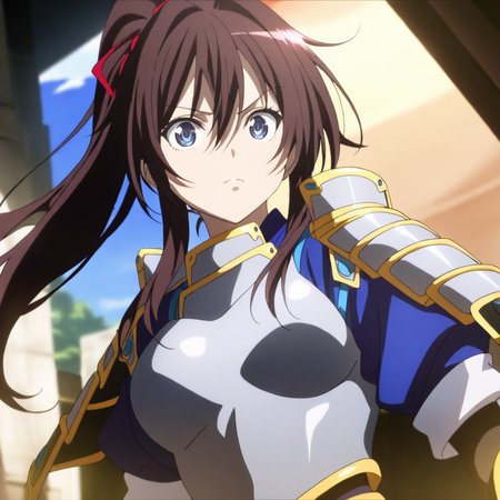 solo,anime coloring,looking at viewer,masterpiece,high score,great score,absurdres,armor,<lora:ShibataKatsuie ag4o:1> shibatakatsuie, brown hair, ponytail, blue eyes,
