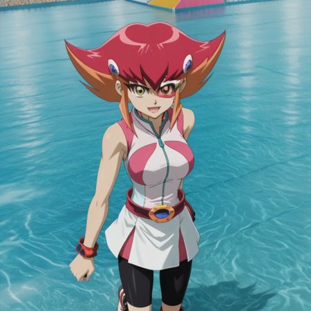 1girl, anna kaboom, sleeveless, bike trunks, yellow eyes, multi-colored hair, red hair, yellow hair, breasts