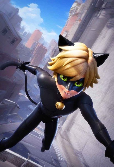 (score_9, score_8_up, score_7_up), looking at viewer, colored sclera, animal ears, tail, 1boy, catnnoir15_,  black bodysuit, mask, blonde hair, solo, outdoors, male, cat ears, smile, jump, fly, dynamic pose, dynamic angle, night time, city,  movement, motion blur, extreme perspective, super angle shot perspective, down view