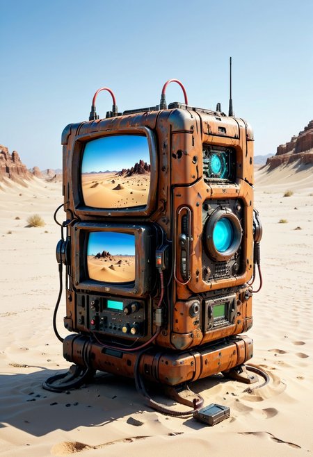 ultra high resolution, masterpiece, best quality, a sci-fi ,  desert, A (rusty) and (broken) retro computer buried in the sand, in the style of hyper realistic photography. evi@decrepPunk, no human