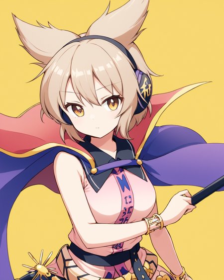 toyosatomimi no miko,1girl, solo, earmuffs, closed_mouth, holding_sword, simple_background, bracelet, looking_at_viewer, unsheathing, yellow_background, breasts, pink_shirt, belt, sleeveless_shirt, purple_cape
<lora:toyosatomimi_no_miko_image4798_2023-12-20-000009:1>,star-shaped_pupils,symbol-shaped_pupils,. gorgeous,key visual, vibrant, studio anime,award-winning, professional, highly detailed,high budget, cinemascope