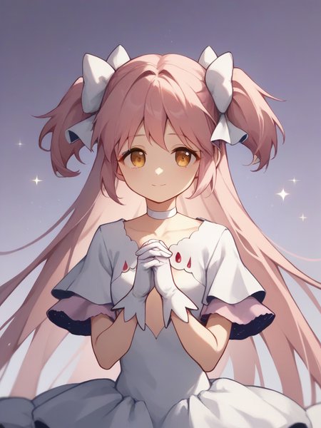 score_9,score_8_up,score_7_up,  <lora:ultimate_madoka:1>ï¼sparkle, wide sleeves, cleavage cutout, solo, purple background, collarbone, layered sleeves, light smile, looking at viewer, white dress, sidelocks, upper body, gradient background, light particles, own hands clasped, long eyelashes, dot nose, frilled dress, 1girl, closed mouth, hair ribbon, tsurime, interlocked fingers, white ribbon, hands up, depth of field, ultimate madoka, small breasts, kaname madoka, white choker, white gloves, hands on own chest