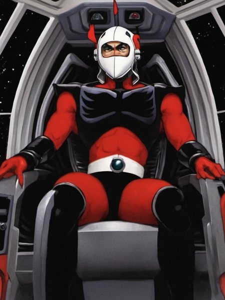 actarus red wetsuit, full body,sitting in a spaceship cockpit,
white helmet,white belt, black boots,black briefs,
 <lora:actarus01:1>