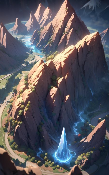 view from above,raytracing,absurdres,masterpiece,low-key,dark,red-blue,mtg,mystical touch,mtg card,anime,a cascading volcano,best quality,artifact,towering mountains,top- down