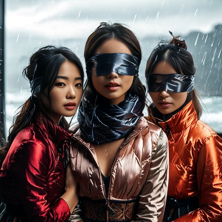 (((dark cinematic still with dark vibes))),one squatting  group of asian women,<lora:pony_cropped_puffer_jacket:0.7> cropped_puffer_vest ,  satin_scarf_blindfold,smile,beautiful eyes,tea,stormy weather (mouth closed)
 <lora:satin_scarf_blindfold:0.7>
<lora:MJ52:1>
