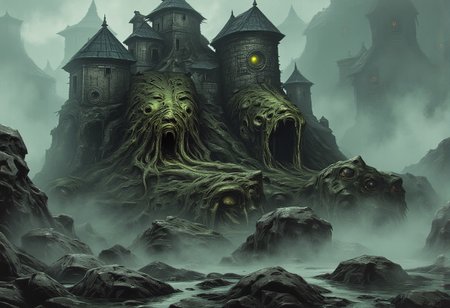 Ilustration in DarkestDungeon style  of ruined castle placed on the island that is floating in the air above the mountains covered in Creeping Fog.
The castle is overgown with shapeless flesh growin in random part of the castle, the flesh on castle walls is also covered in eyes, eyes on the fleshy parts of castle are empy, black and have no pupil or iris, just pure black sclera. 
In the castle windows there are diffrent set of eyes, massive glowing yellow ones with red glowing pupils.
The castle gate is a gianting gaping mouth filled with multiple ets of teeths.
the ground around the castle is filled with old bones, and fleshy tentacles.