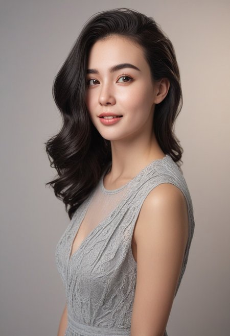 30yo american woman in a photostudio
Modeling High cut, high Quality Dress.
Slight makeup, heavy rimmel. Clear skin.  realistic skin style
Long dark black slick back hair. 
Shooting light, indors, cable light
Studio background.
Winking left eye. Smiling.
Bokeh. Heavy Bokeh light.