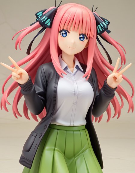 score_9, score_8_up, score_7_up, source_anime,
ninonakano, <lora:nino-nakano-s2-ponyxl-lora-nochekaiser:0.5>, 
nino nakano, long hair, bangs, blue eyes, hair ornament, hair ribbon, pink hair, blunt bangs, two side up, butterfly hair ornament, mature female,
skirt, shirt, long sleeves, white shirt, pleated skirt, open clothes, collared shirt, sleeves past wrists, dress shirt, cardigan, green skirt, open cardigan, black cardigan,
<lora:alter-figurines-ponyxl-lora-nochekaiser:1>, alter figurine, 1girl, smile, v over eye,