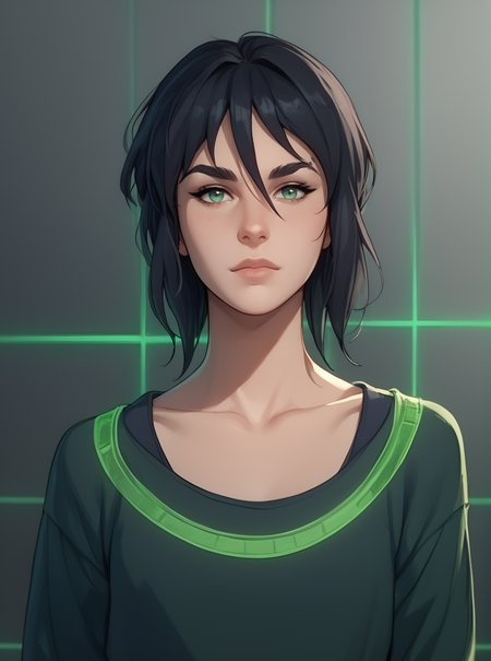 score_9, score_8_up, score_7_up, 1girl, cartoon, western animation, looking at viewer, flat colors, floating in cyberspace, <lora:laurielpxl:1>, laurielpxl, dark hair, green grid