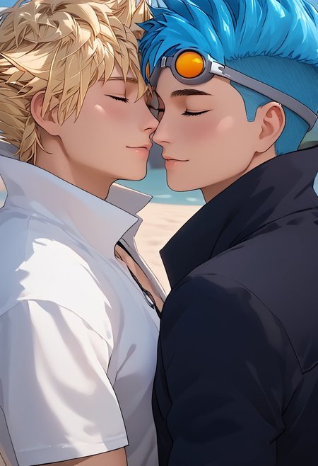 score_9, score_8_up, score_7_up, source_anime, rating_explicit, NeptuneRWBY, blue_Neptune_spiked hair, gay couple focus, WukongRWBY, blonde_Wukong_short hair, 1stboy, 2ndboy, anime screencap, closed eyes, smile, siblings