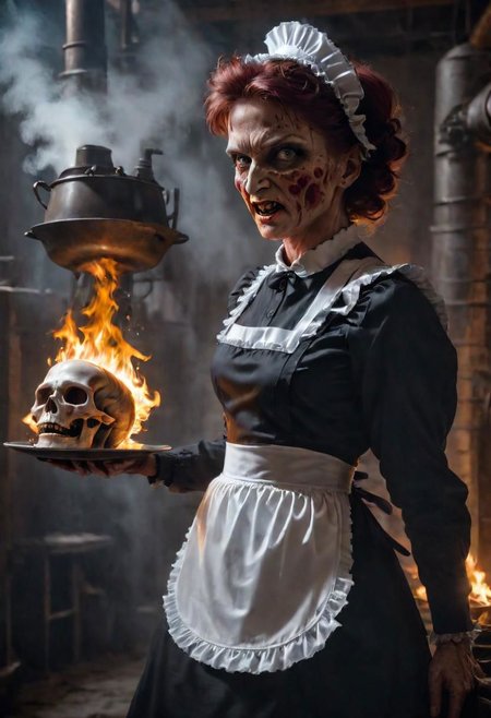 4k, Cinematic style of (Freddy Krueger:1) wearing (maid costume:1.2), holding a flaming skull on a plate, old boiler room, old pipes leaking steam, old cellar. god rays, Shallow depth of field,  vignette,  highly detailed, high res, high budget,  bokeh,  Cinemascope,  moody,  epic,  gorgeous