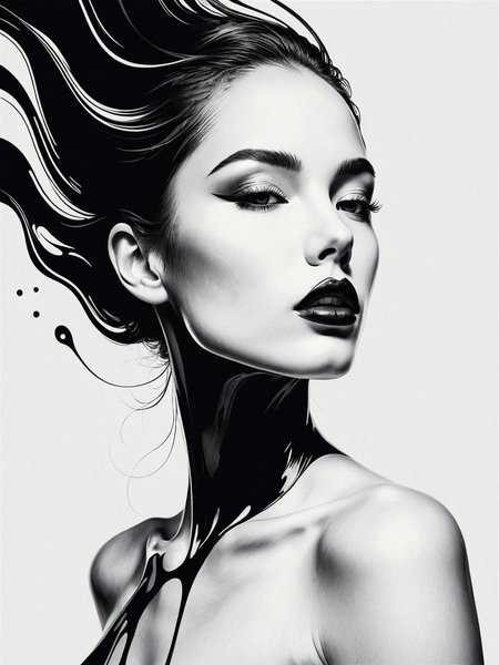 A captivating minimalistic vector art creation, portraying an abstract female figure rendered in a stunning interplay of Super Black and Tiffany ink. The fluid liquid-like appearance of the woman in a pristine white canvas exudes grace and elegance. The negative space accentuates the fluidity of her form